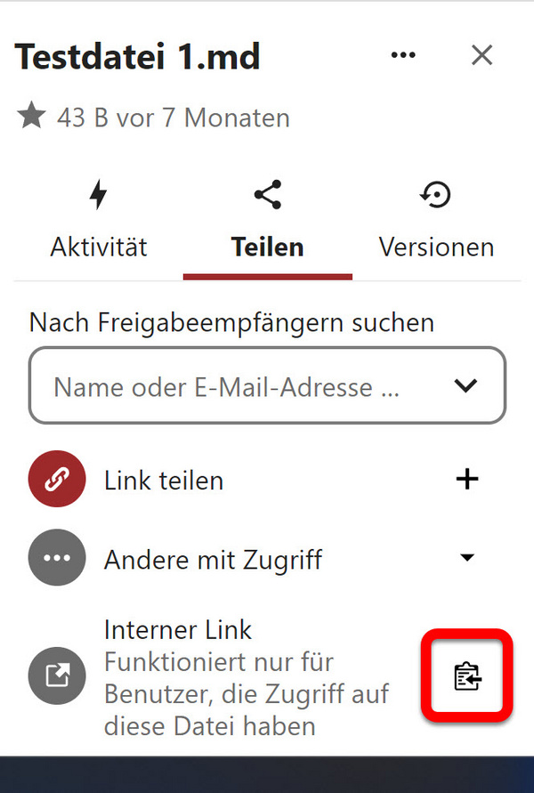 Die Schaltfläche "Internen Link in die Zwischenablage kopieren" (Klemmbrettsymbol)