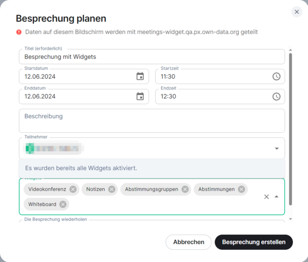 Der Bereich "Widgets" im Fenster "Besprechung planen" und ganz rechts die Schaltfläche "Leeren". Alle Widgets sind vorausgewählt.