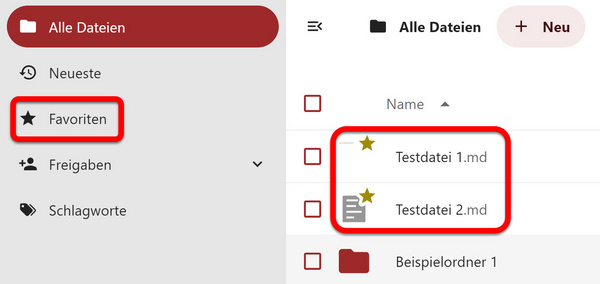 Favoriten im Menü und in der Dateiliste