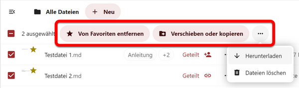 Schaltflächen für Verwaltungsfunktionen über der Dateiliste, rechts das Drei-Punkte-Menü