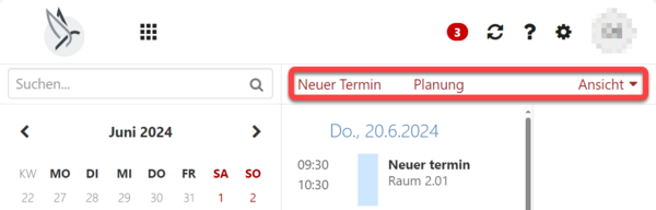 Die Kalender-Menüleiste, darunter der Kalender