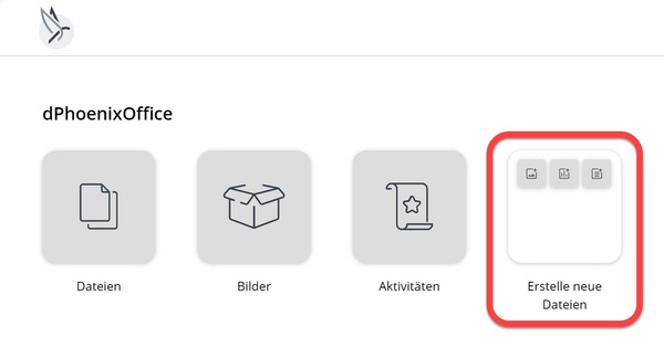 Die Schaltfläche "Erstelle neue Dateien" auf der Startseite