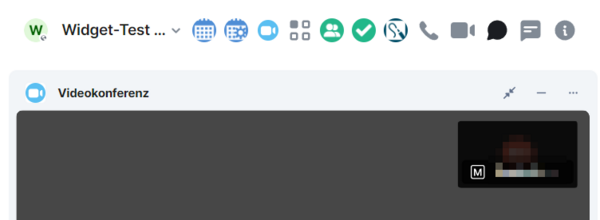 Die Widgets-Werkzeugleiste rechts neben dem Titel der Besprechung, darunter ein Ausschnitt des Videokonferenz-Widgets