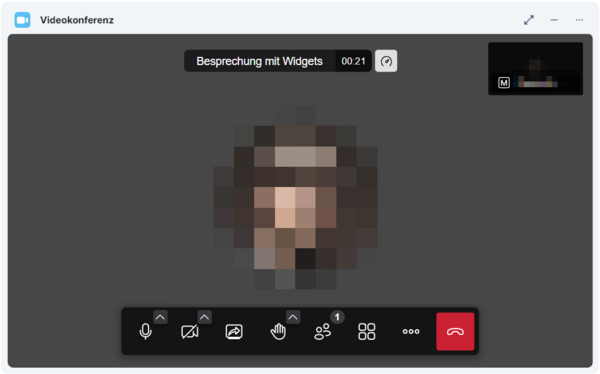 Ansicht des Videokonferenz-Widgets während der Konferenz: Werkzeugleiste unten, darüber ein Foto des Teilnehmers