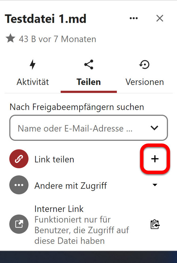 Die Schaltfläche "Neuen Freigabe-Link erstellen" (Pluszeichen)