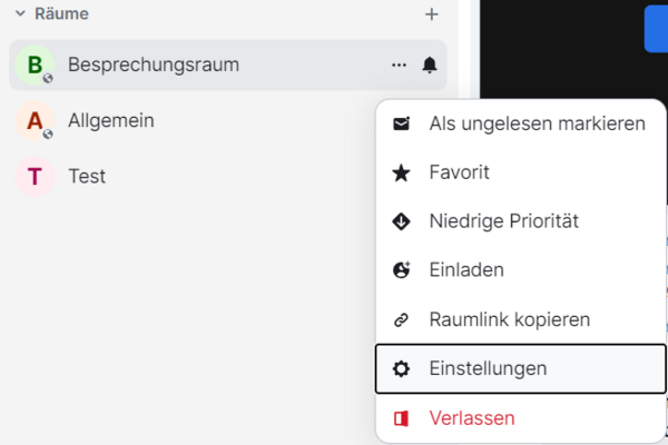 Das Dropdown-Menü "Raumoptionen" mit dem Punkt "Einstellungen"