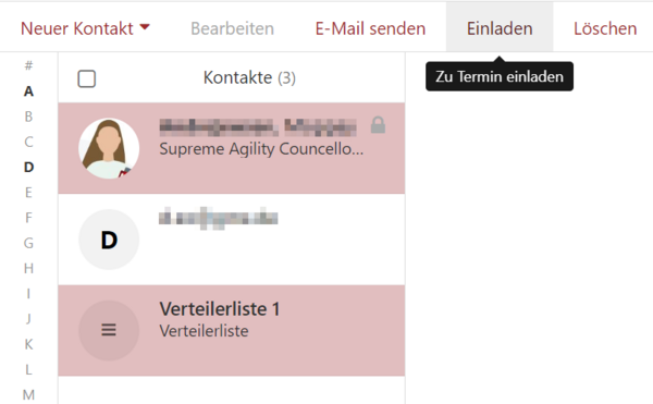 Der Punkt "Einladen" in der Menüleiste des Kontakte-Moduls