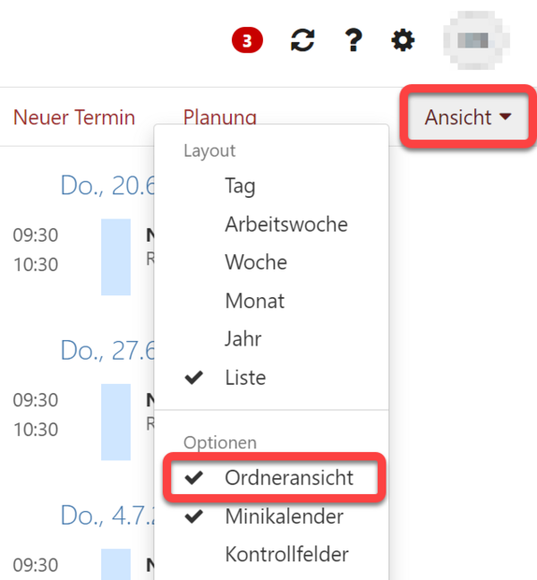 Der Punkt "Ordneransicht" im Dropdown-Menü "Ansicht"