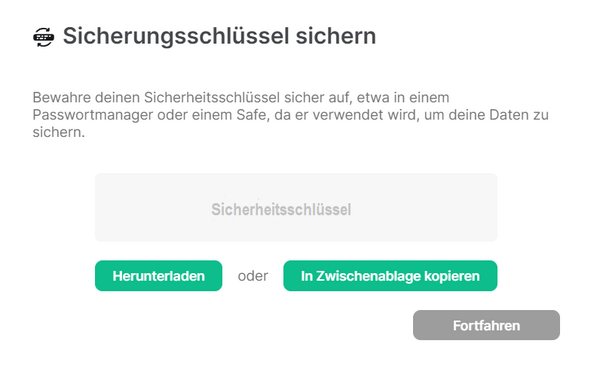Schlüssel sichern: Herunterladen oder Kopieren