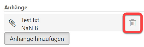 Die Schaltfläche "Anhang entfernen" neben einer angehängten Datei