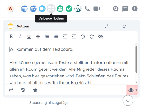 Das Notizen-Widget im Überblick sowie oben die Schaltfläche "Verberge Notizen"