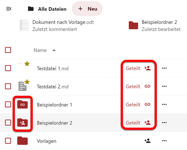 Geteilte Dateien und Ordner in der Liste mit dem Hinweis "Geteilt" sowie je einem Personen- und Kettensymbol