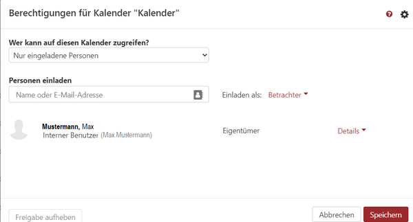 Verwaltung der Zugriffsrechte freigegebener Kalender