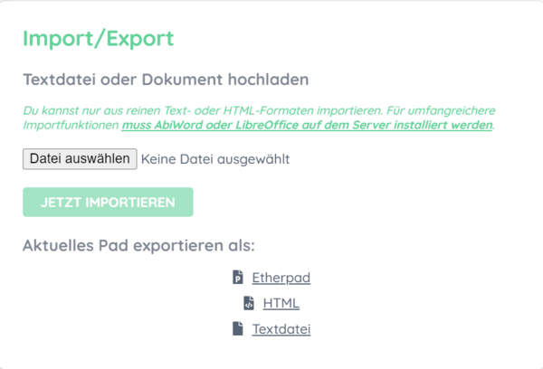 Import/Export Die Seite "Import/Export" mit den Schaltflächen "Datei auswählen" und "Jetzt importieren" sowie einer Auswahl an Dateiformaten für den Export