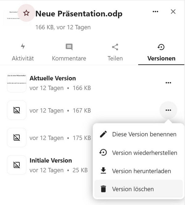 Der Reiter "Versionen" mit geöffnetem Dropdown-Menü für eine der Versionen