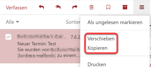 Die Punkte "Verschieben" und "Kopieren" im Menü "Weitere Aktionen"