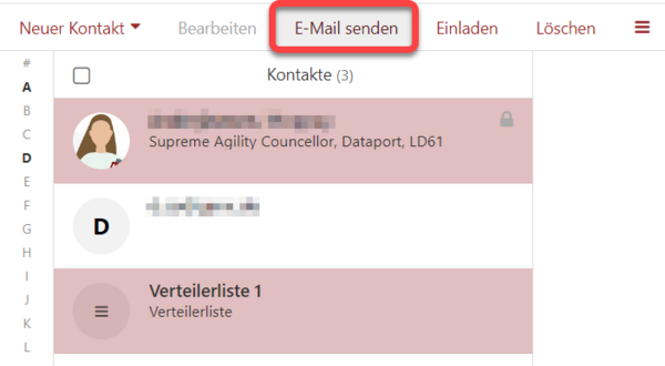 Der Punkt "E-Mail senden" in der Menüleiste des Kontakte-Moduls