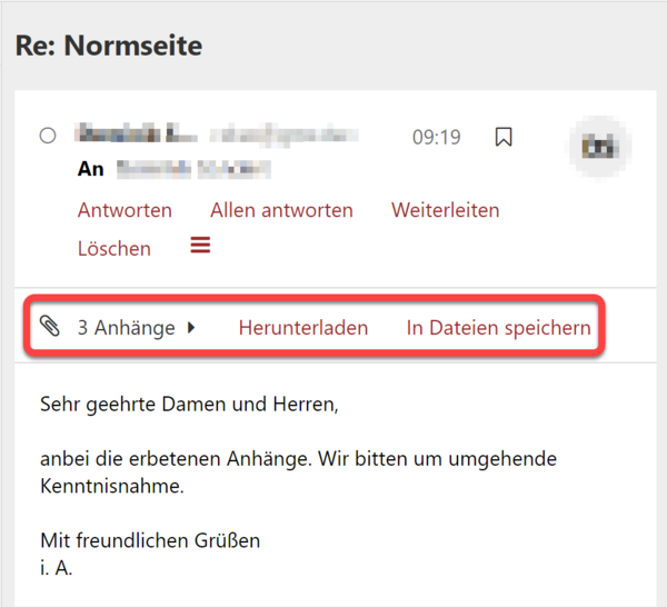 Beispiel-E-Mail mit drei Anhängen und den Optionen "Herunterladen" sowie "In Dateien speichern"