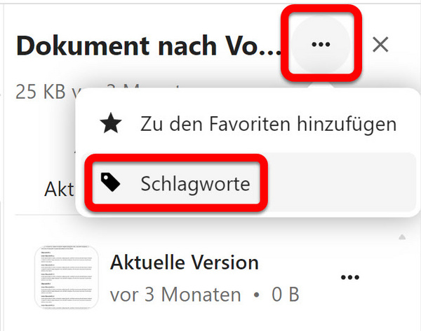 Die Schaltfläche "Schlagworte" im Drei-Punkte-Menü Die Schaltfläche "Schlagworte" im Drei-Punkte-Menü