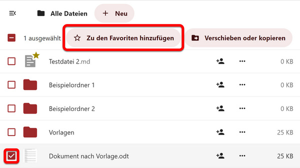 Eine Datei wurde ausgewählt und die Schaltfläche "Zu den Favoriten hinzufügen" erscheint