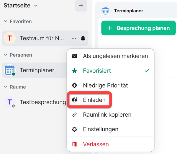 Die Punkt "Einladen" im Dropdown-Menü "Raumoptionen" aus dem Hauptmenü heraus