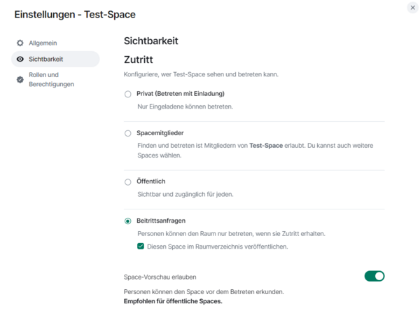 Sichtbarkeit eines Spaces