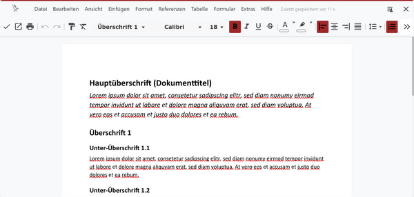 Eine neue Datei wurde nach Vorlage erstellt und geöffnet, die Inhalte der Vorlage sind automatisch vorausgefüllt (hier ein vorstrukturiertes Dokument mit Platzhaltertexten)