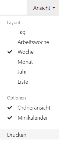 "Ansicht" Menü der Kalenderleiste (ausgeblendet)