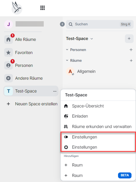 Einstellungen der Spaces