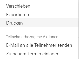 "Weitere Aktionen" Menü der Terminleiste (ausgeblendet)