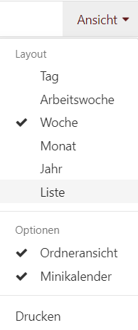"Ansicht" Menü der Kalenderleiste (ausgeblendet)