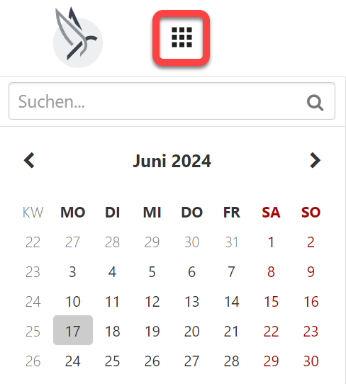 Das Neun-Punkte-Menü (Alle Applikationen) rechts neben dem Logo von Phoenix, darunter der Kalender